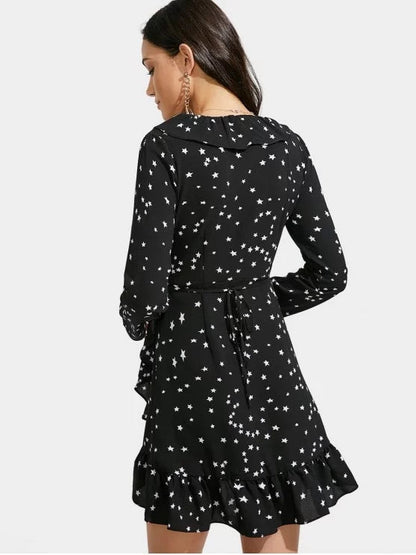 Star Print Ruffle Hem Plunge Wrap Dress