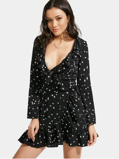 Star Print Ruffle Hem Plunge Wrap Dress