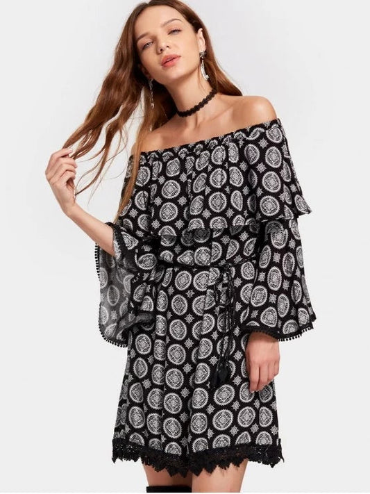 Off Shoulder Flare Sleeve Printed Belted Dress