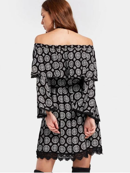 Off Shoulder Flare Sleeve Printed Belted Dress