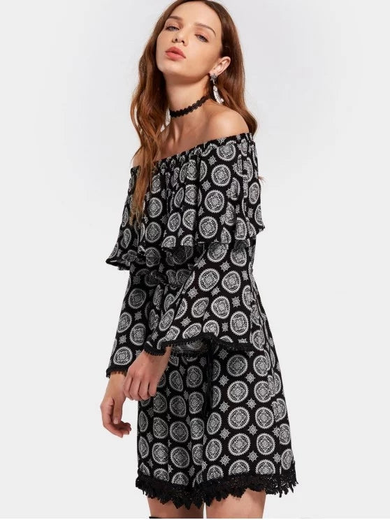 Off Shoulder Flare Sleeve Printed Belted Dress