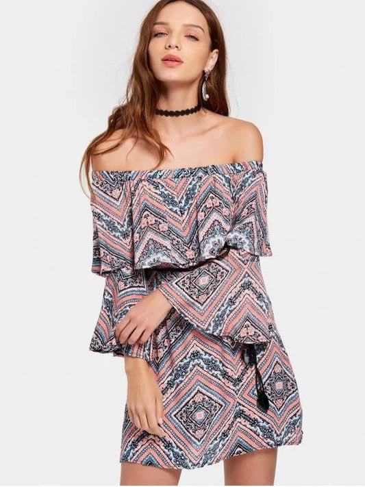 Tribal Print Flounce Flare Sleeve Belted Dress