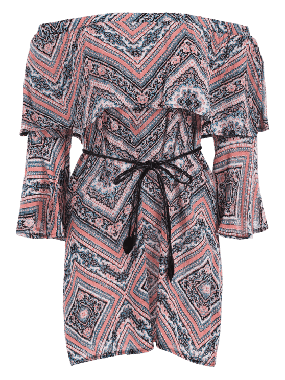 Tribal Print Flounce Flare Sleeve Belted Dress