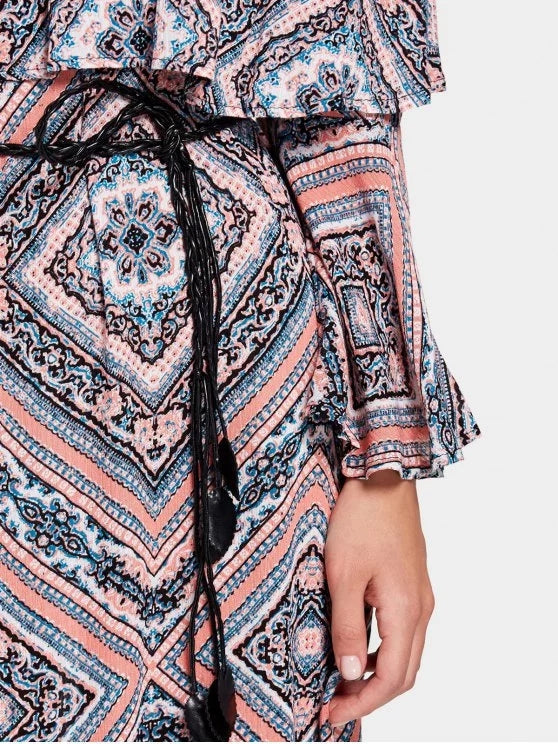 Tribal Print Flounce Flare Sleeve Belted Dress