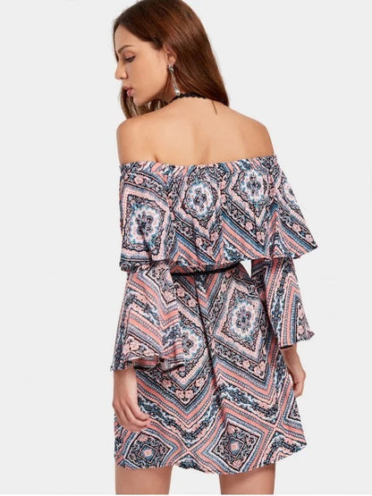 Tribal Print Flounce Flare Sleeve Belted Dress