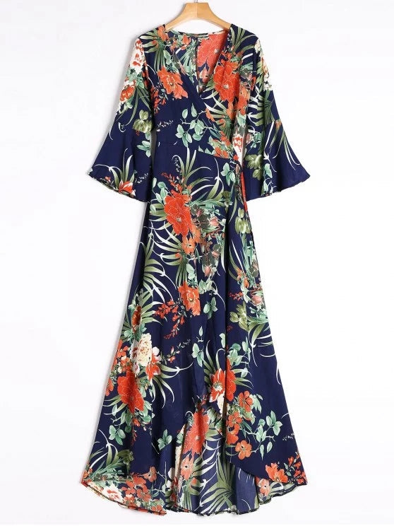 Slit Tropical Print Maxi Wrap Dress