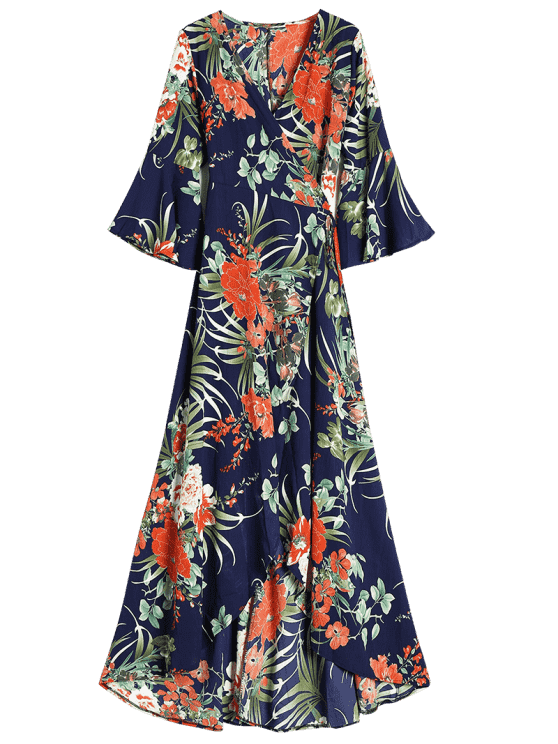 Slit Tropical Print Maxi Wrap Dress