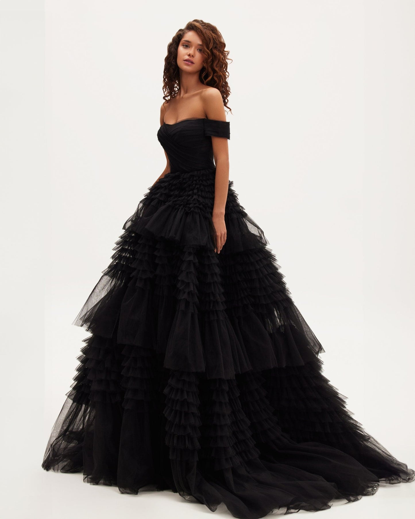 Black Off-The-Shoulder Stylish Frill-Layered Gown