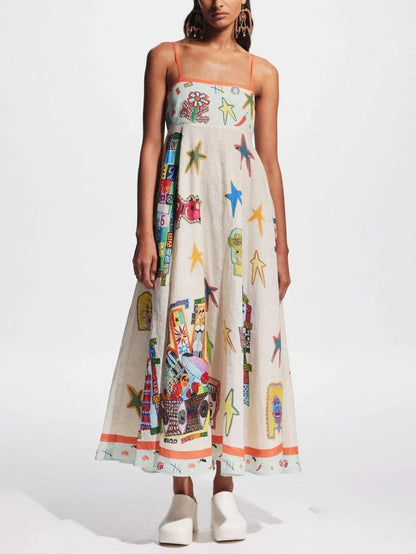 Unique Graffiti Print Suspenders Graceful Long Swing Midi Dress