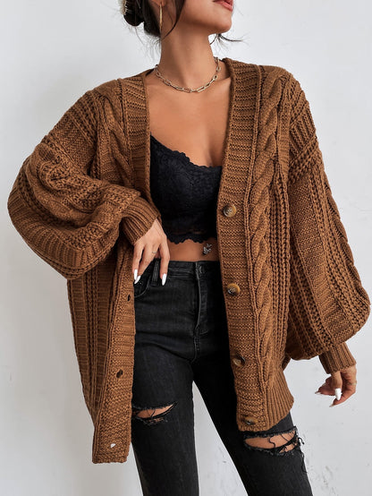 Space Dye Drop Shoulder Cable Knit Lantern Sleeve Cardigan