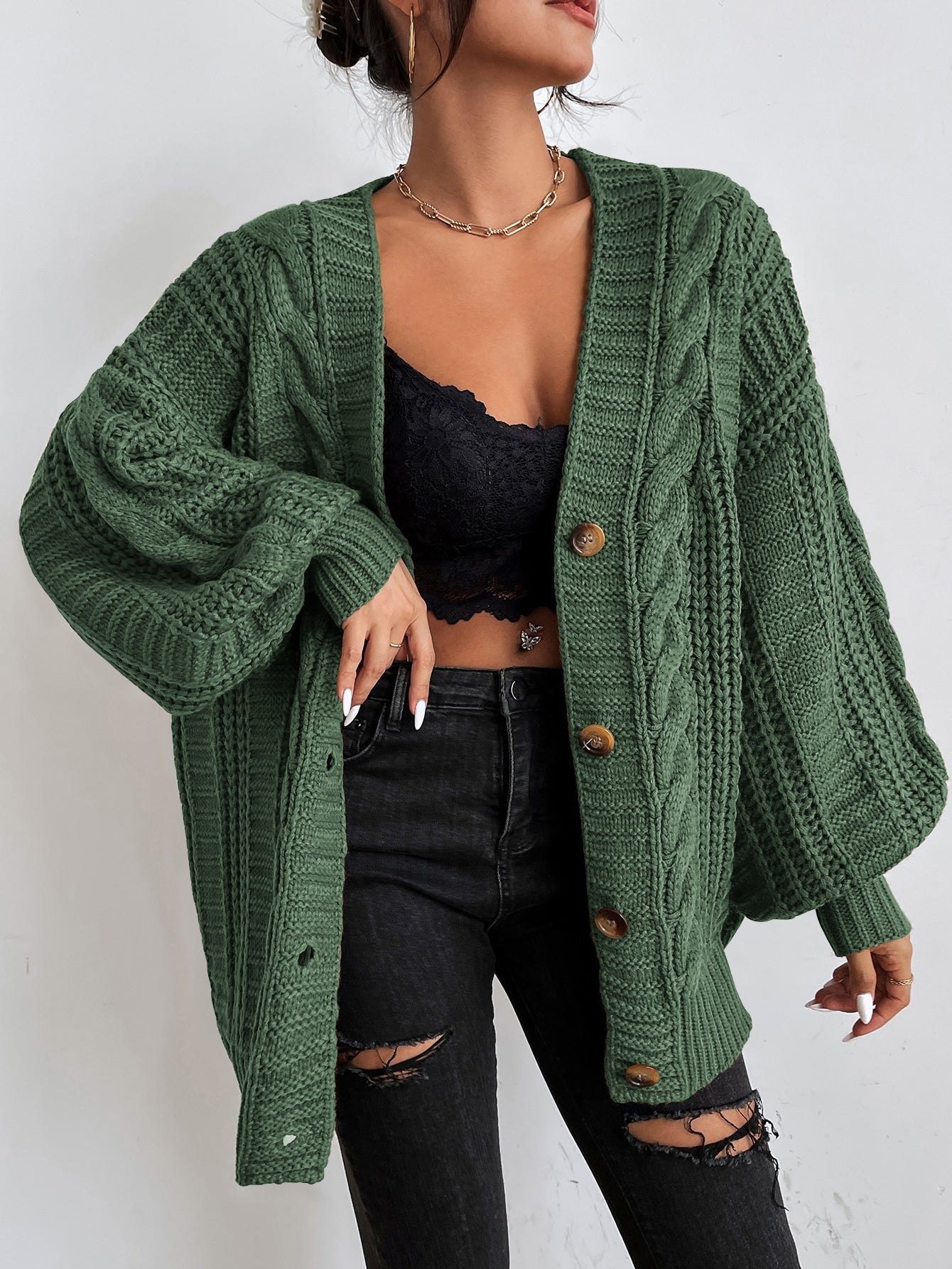 Space Dye Drop Shoulder Cable Knit Lantern Sleeve Cardigan