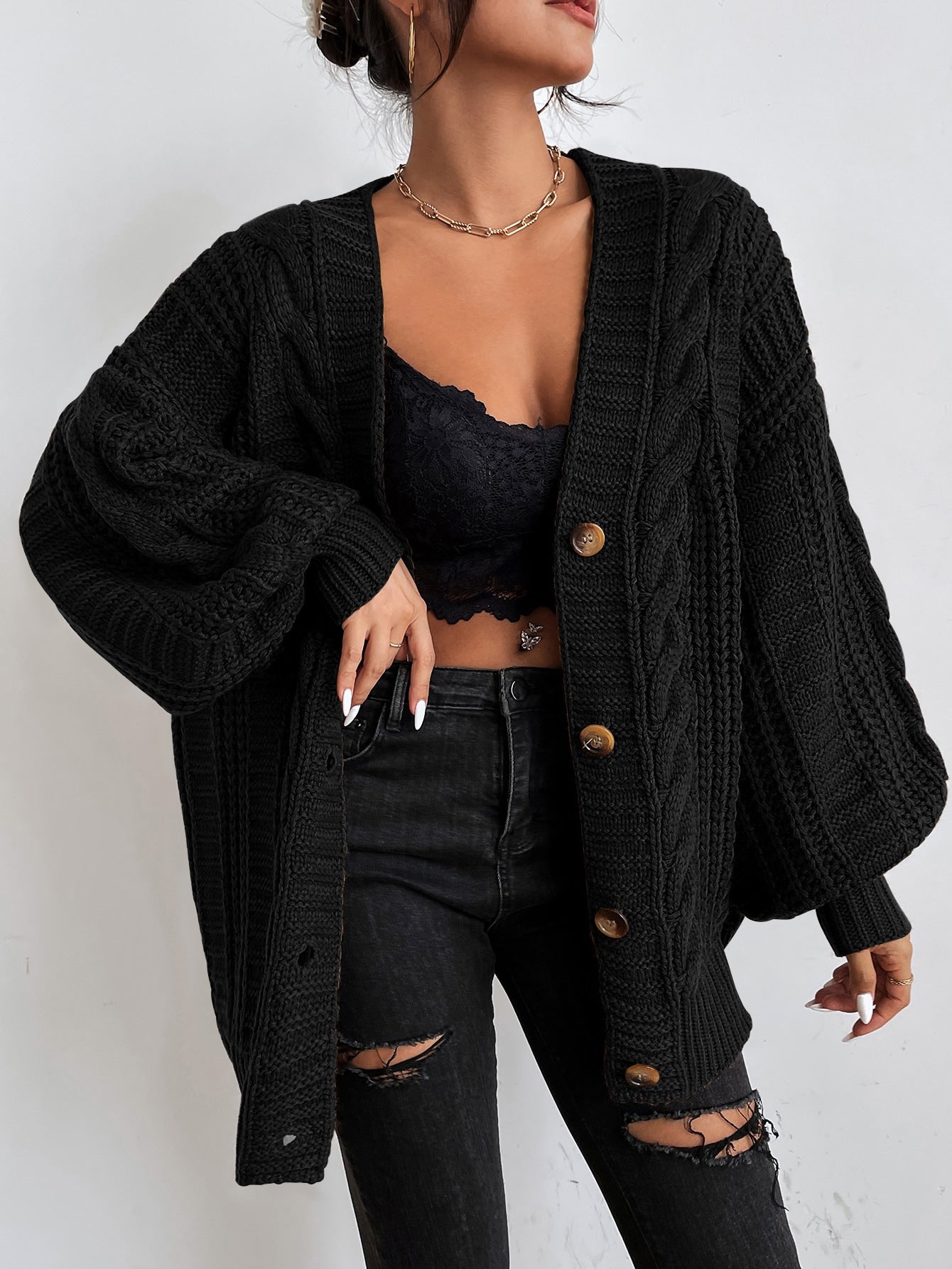 Space Dye Drop Shoulder Cable Knit Lantern Sleeve Cardigan