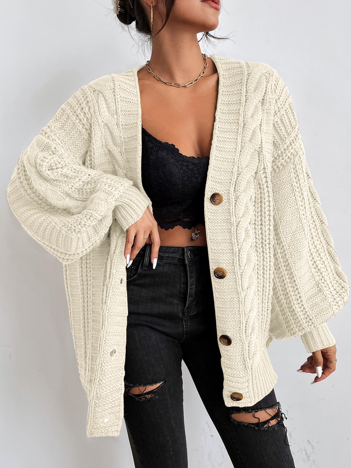 Space Dye Drop Shoulder Cable Knit Lantern Sleeve Cardigan