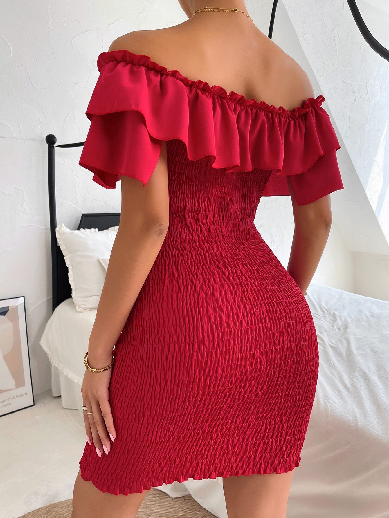 Tie Front Off Shoulder Ruffle Trim Shirred Bodycon Dress