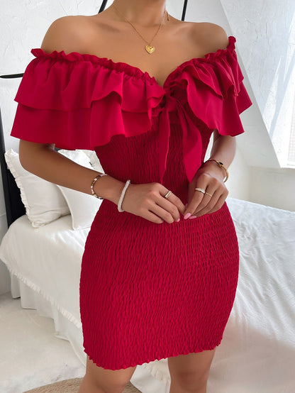 Tie Front Off Shoulder Ruffle Trim Shirred Bodycon Dress