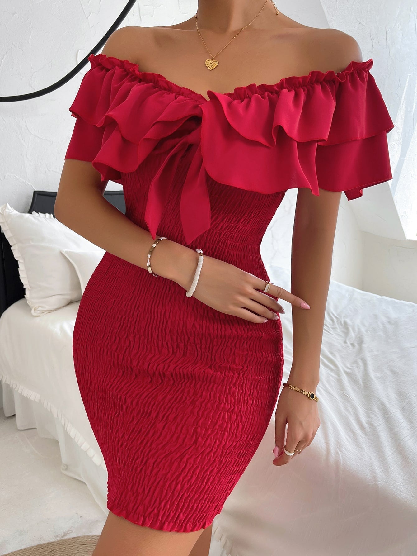 Tie Front Off Shoulder Ruffle Trim Shirred Bodycon Dress