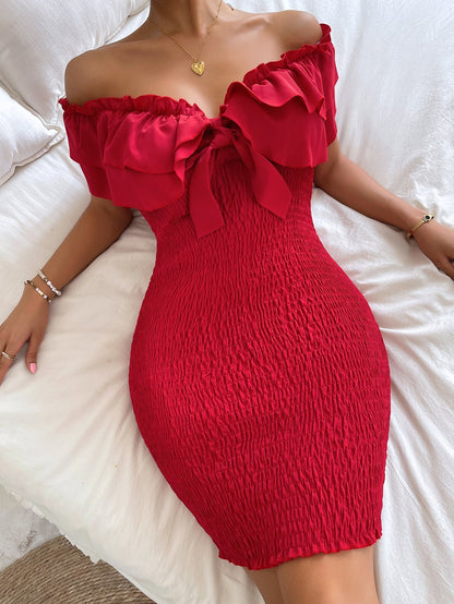 Tie Front Off Shoulder Ruffle Trim Shirred Bodycon Dress