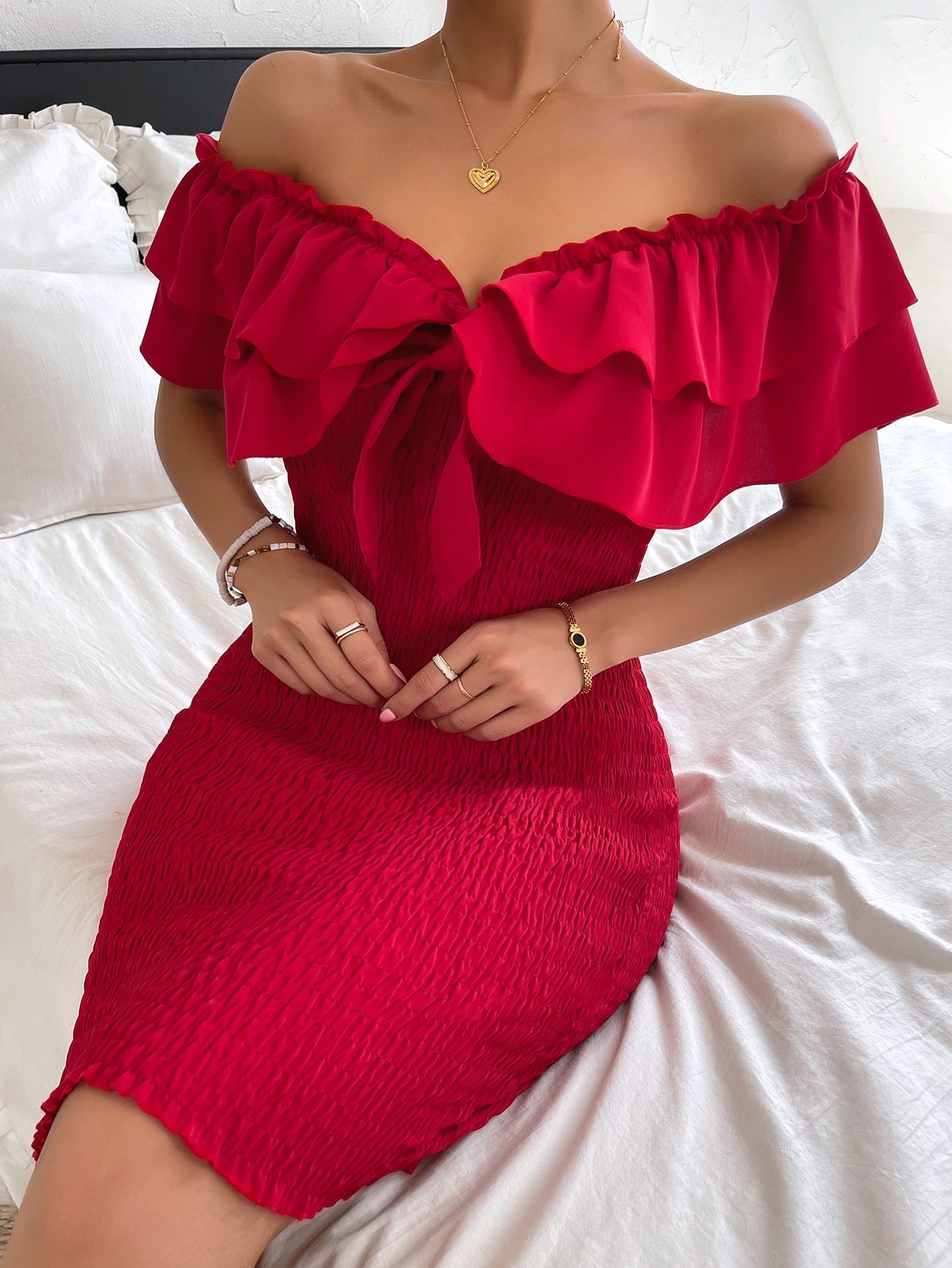 Tie Front Off Shoulder Ruffle Trim Shirred Bodycon Dress