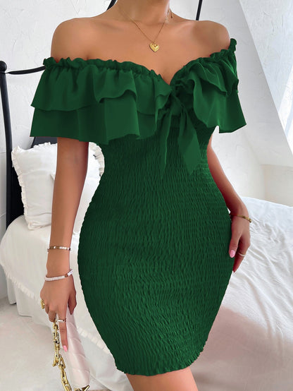 Tie Front Off Shoulder Ruffle Trim Shirred Bodycon Dress