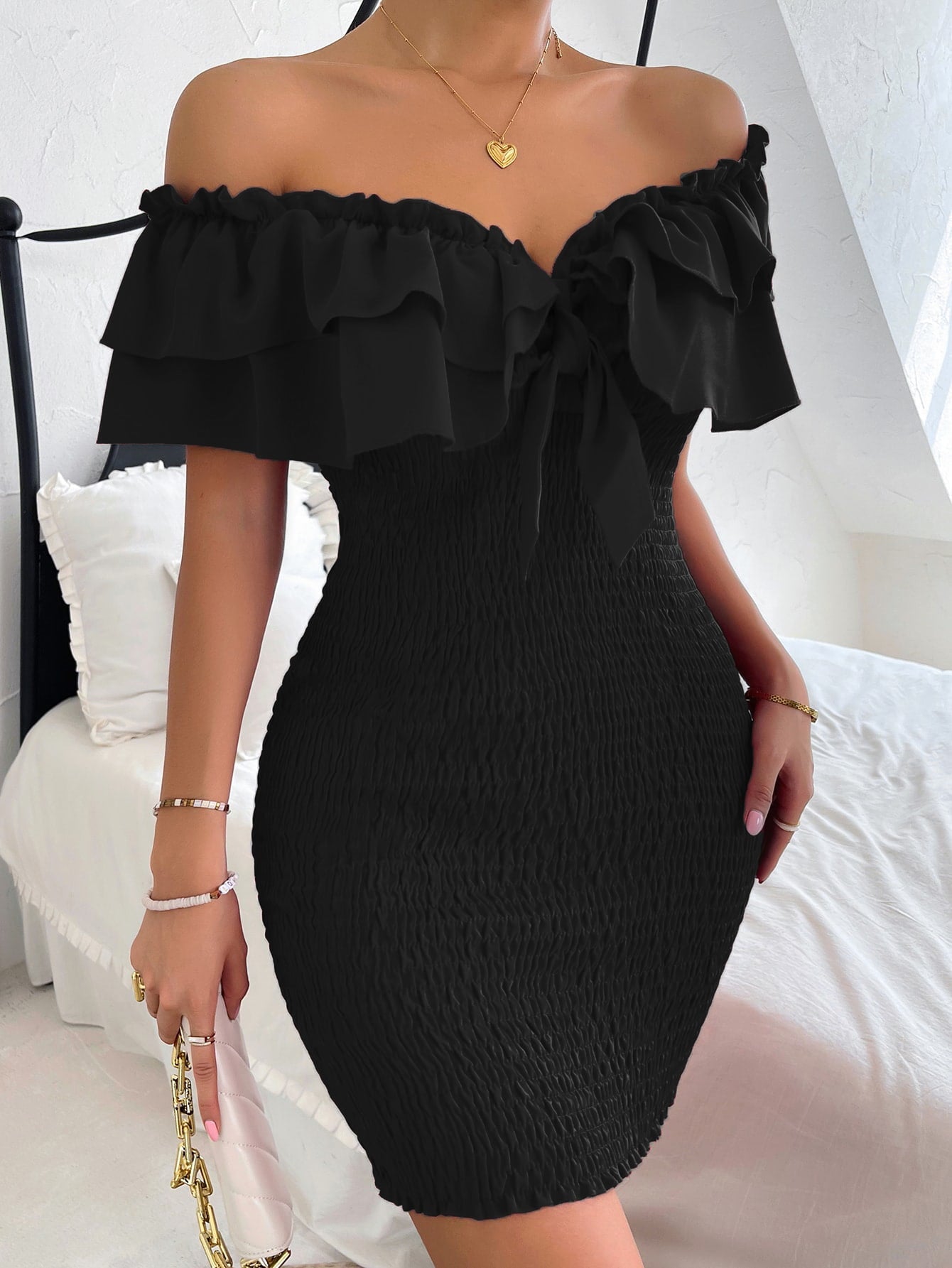 Tie Front Off Shoulder Ruffle Trim Shirred Bodycon Dress