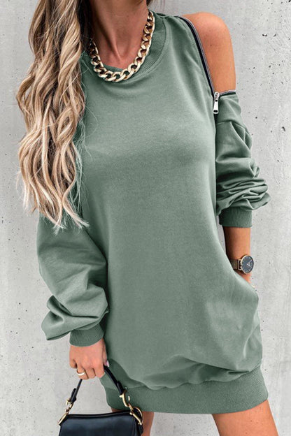 Zipper Slit O Neck Hoodie Dress