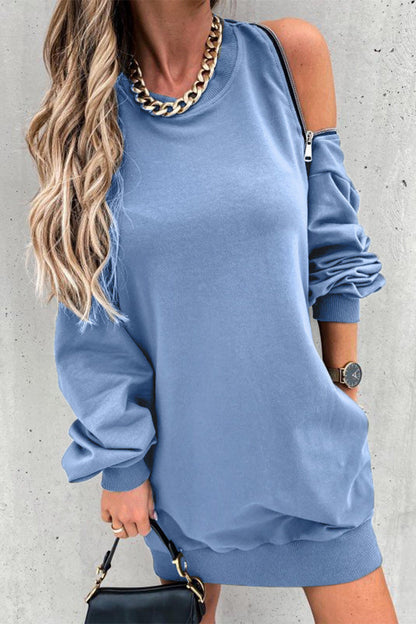 Zipper Slit O Neck Hoodie Dress