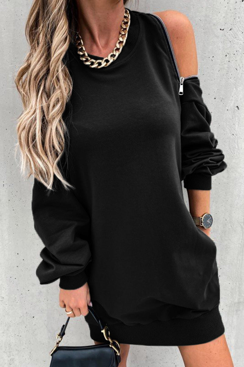 Zipper Slit O Neck Hoodie Dress