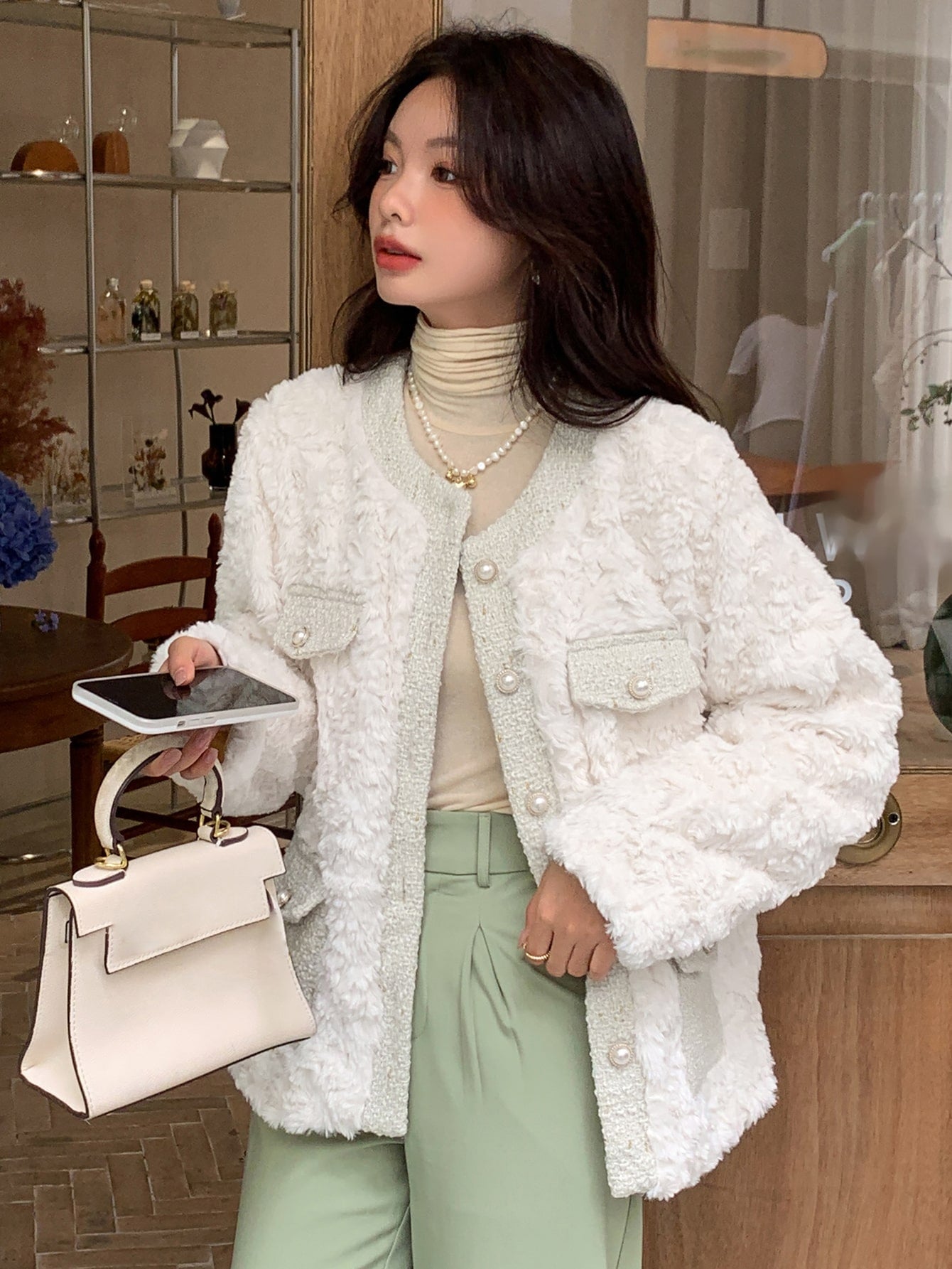 Trim Drop Shoulder Teddy Coat