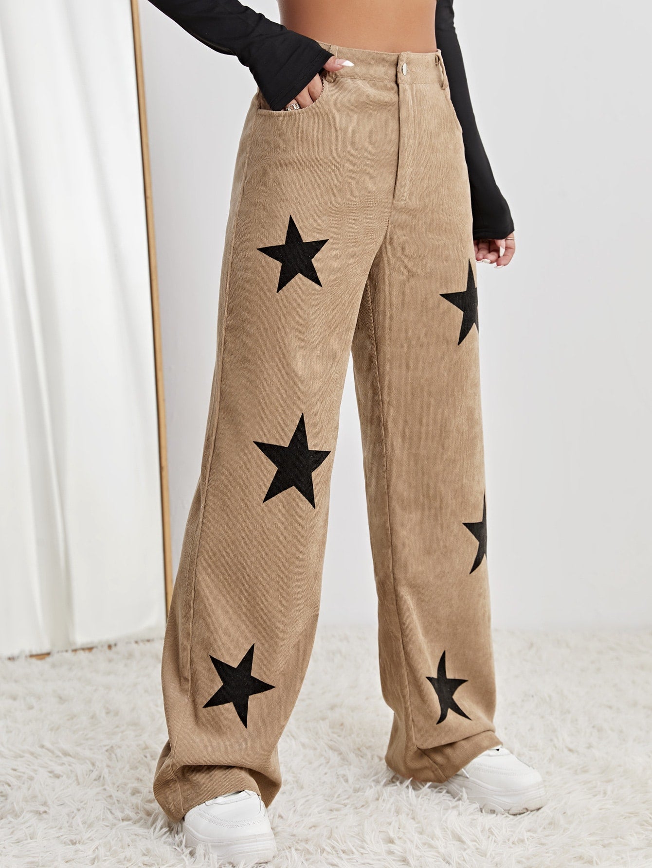 Star Print High Waist Straight Leg Pants