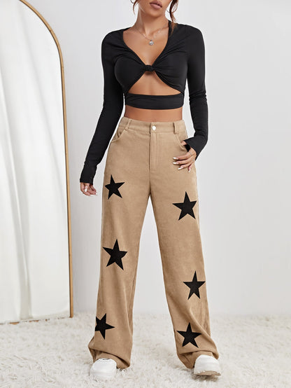 Star Print High Waist Straight Leg Pants