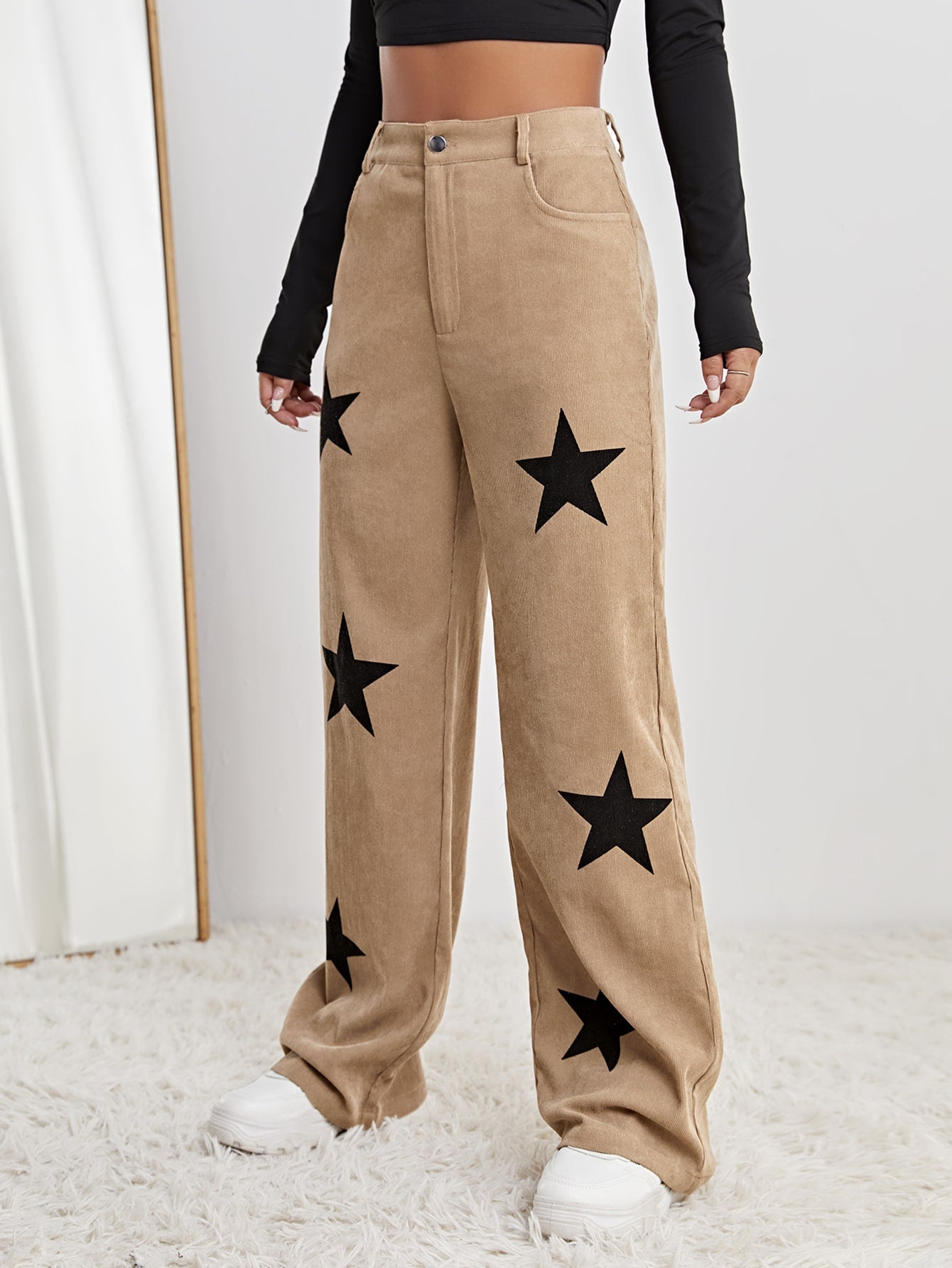 Star Print High Waist Straight Leg Pants