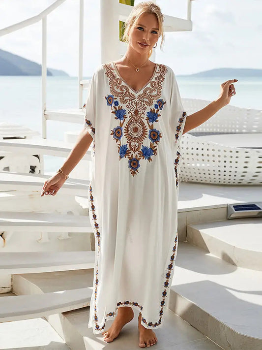 White Floral V Neck Maxi Dress for Summer