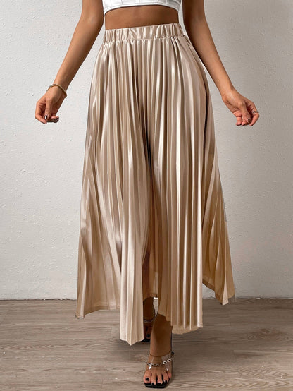 Solid Elastic Waist Pleated Skirt