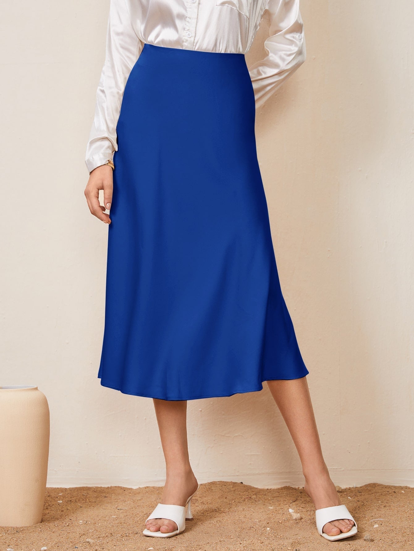 Solid High Waist Satin Skirt Workwear