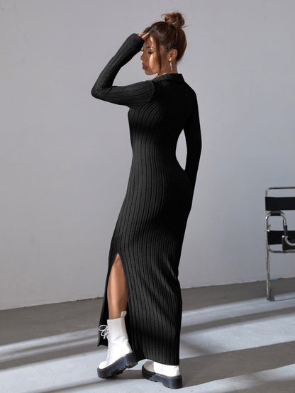 Solid Ribbed Knit Split Thigh Dress