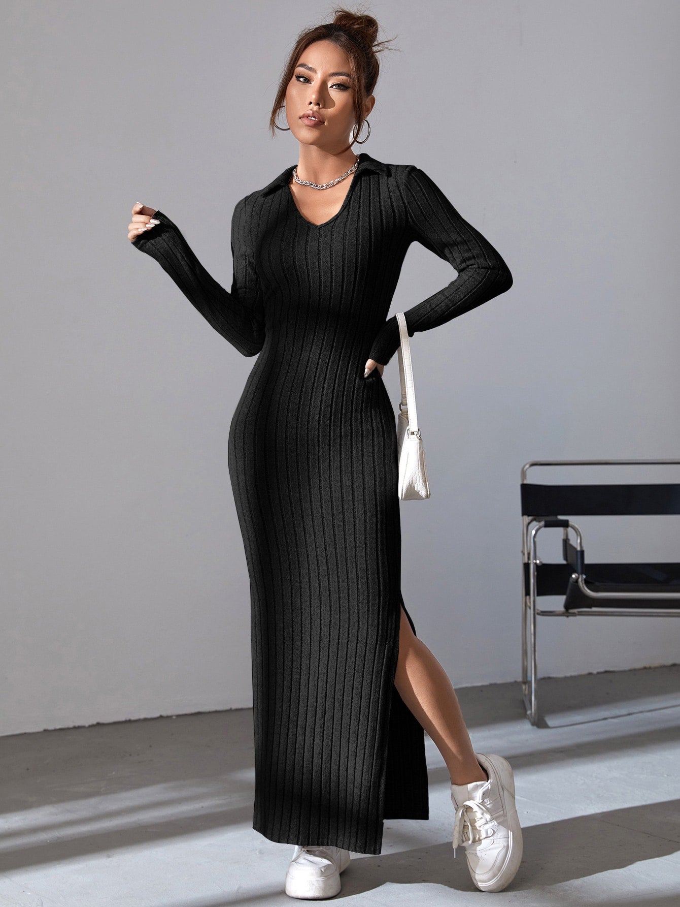 Solid Ribbed Knit Split Thigh Dress