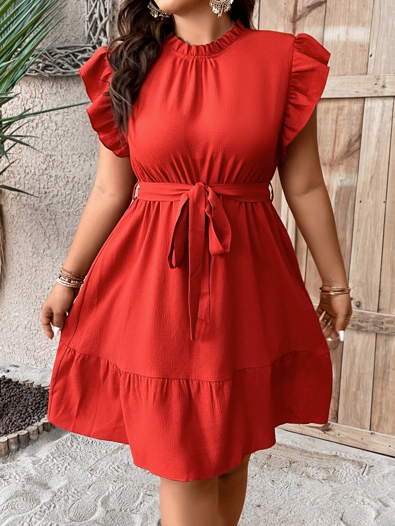 Ruffle Trim Belted Dress