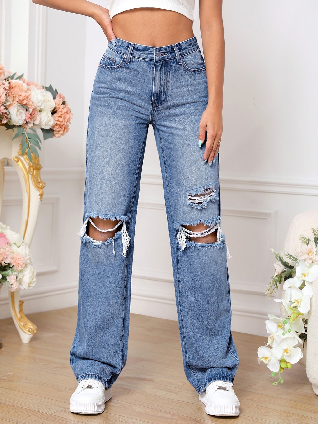 Ripped Straight Leg Jeans