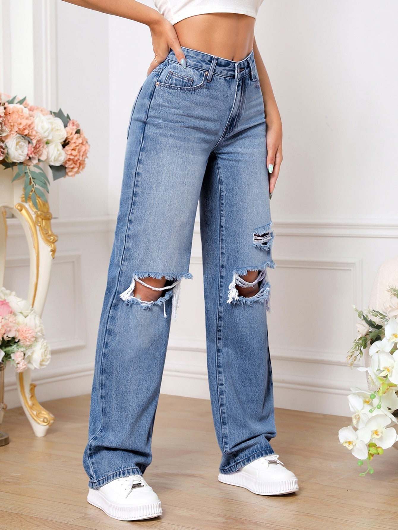 Ripped Straight Leg Jeans