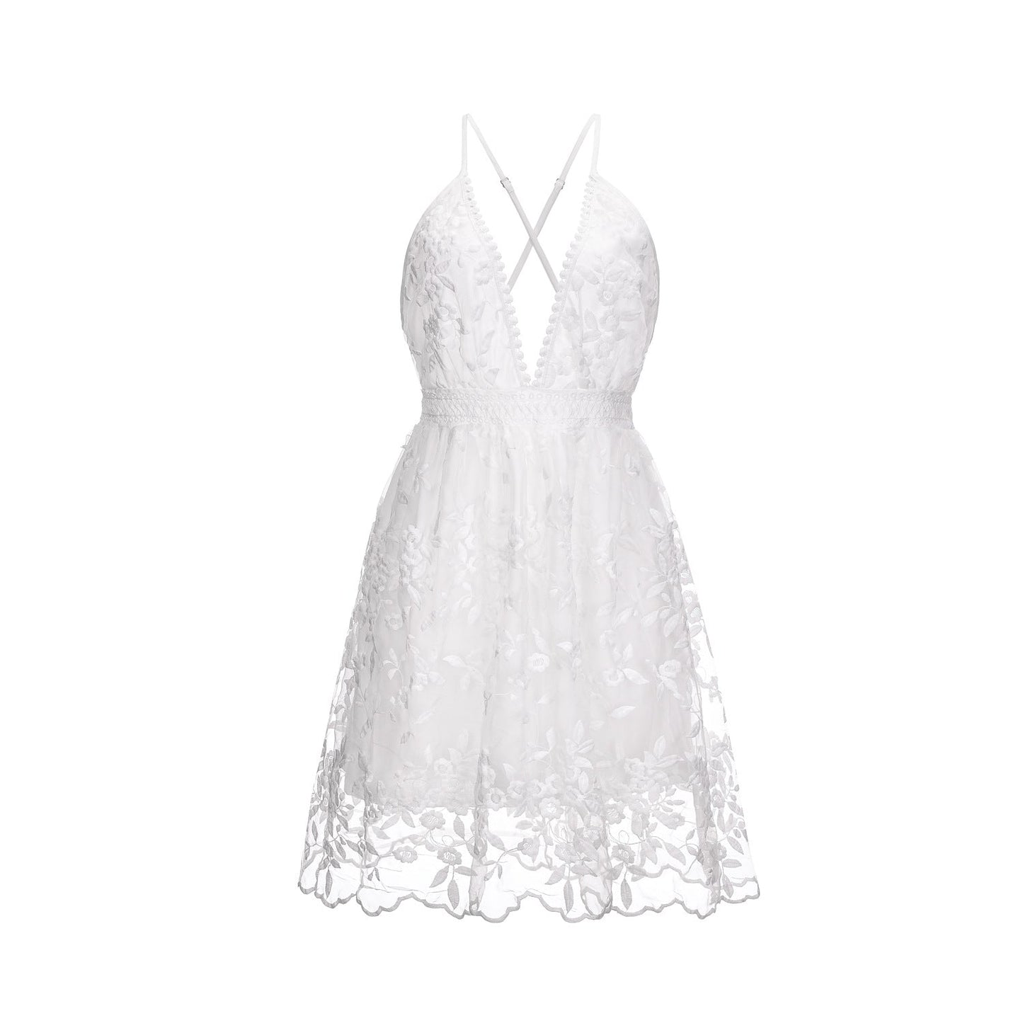 White Lace Backless V-neck Summer Beach Dress