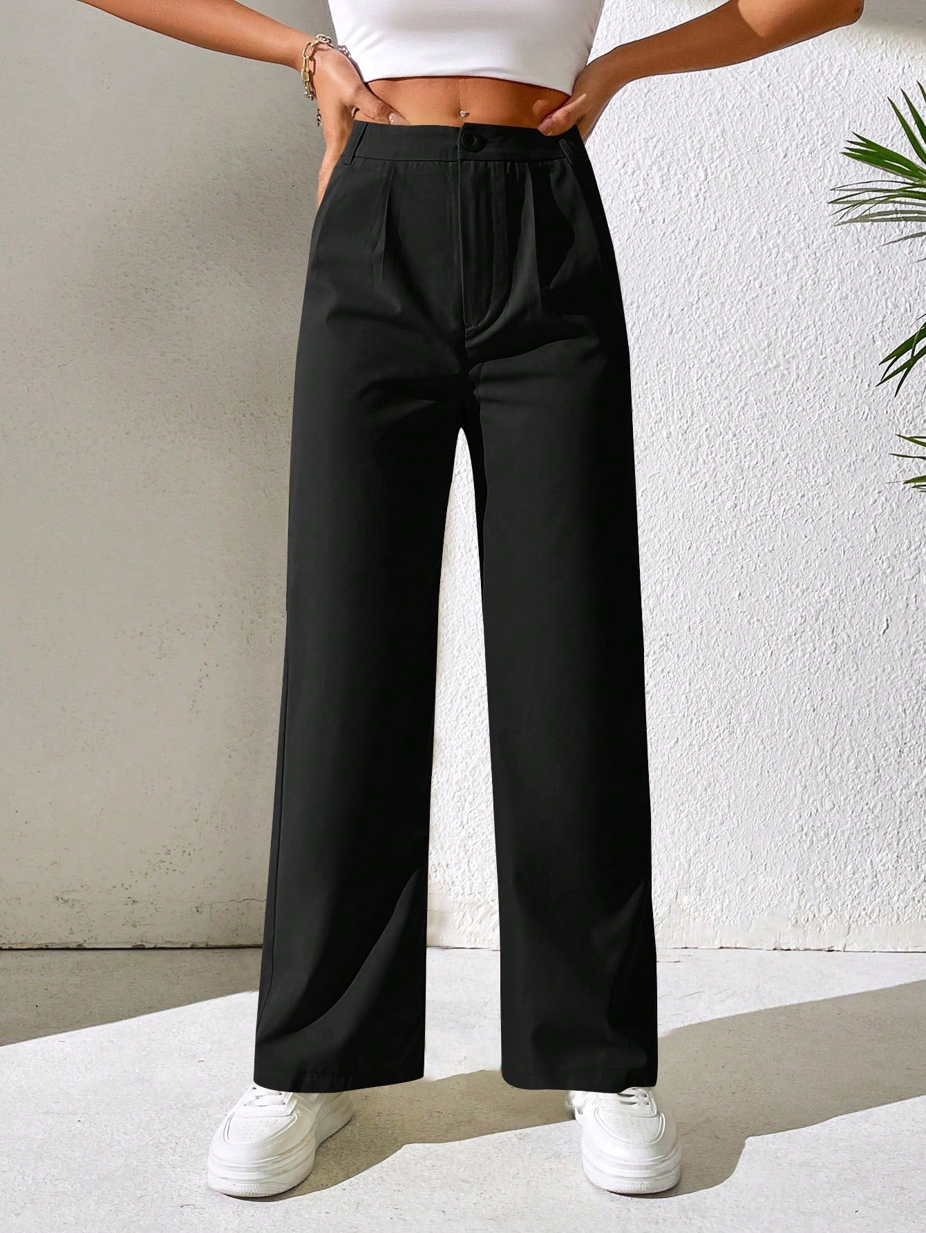 Solid Plicated Detail Straight Leg Pants