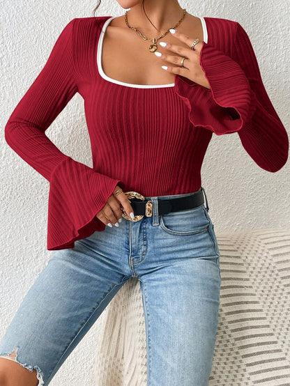 Binding Flounce Sleeve Scoop Neck Tee