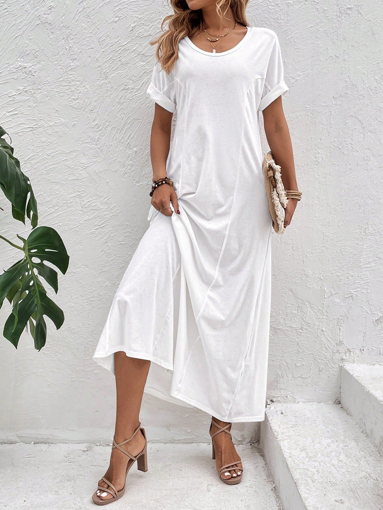 Solid Batwing Sleeve Tee Dress