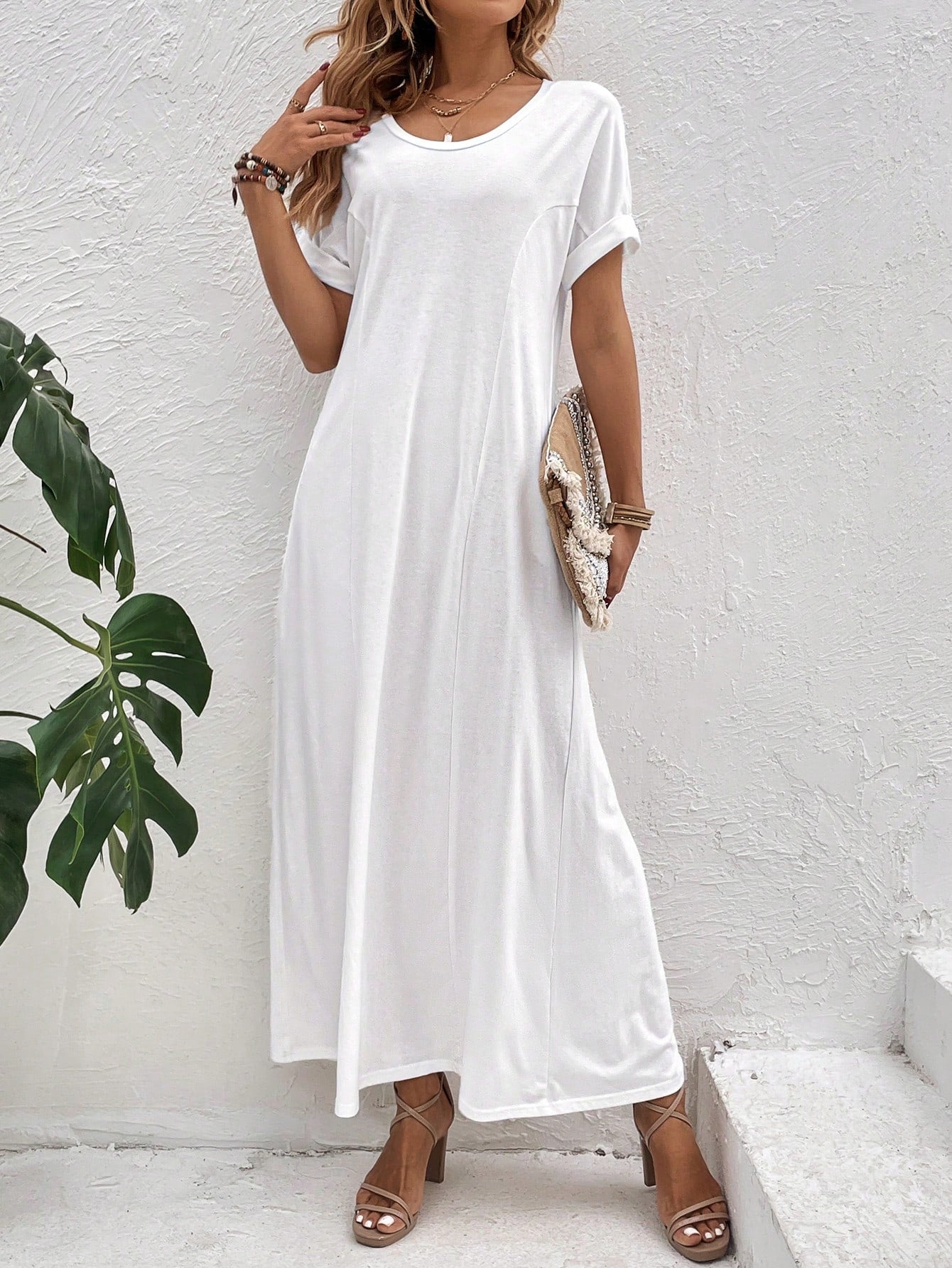 Solid Batwing Sleeve Tee Dress