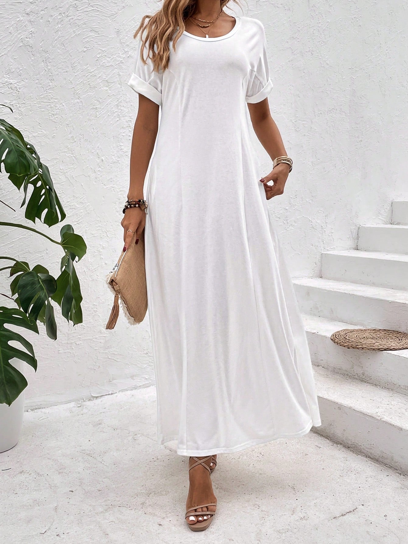 Solid Batwing Sleeve Tee Dress