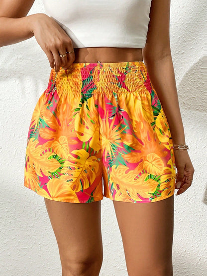 Tropical Print Shirred Waist Shorts