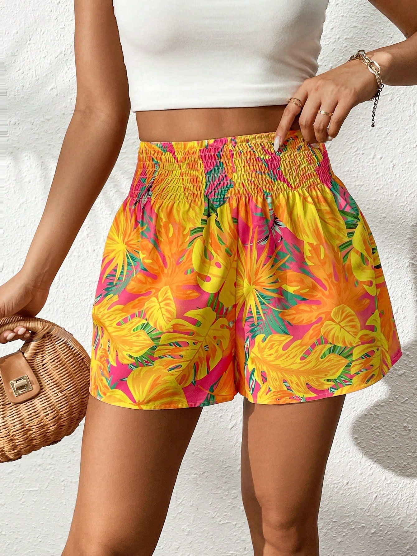 Tropical Print Shirred Waist Shorts