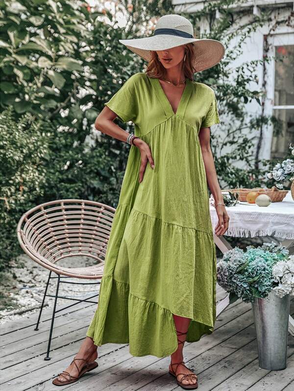 V Neck Ruffle Hem Smock Dress