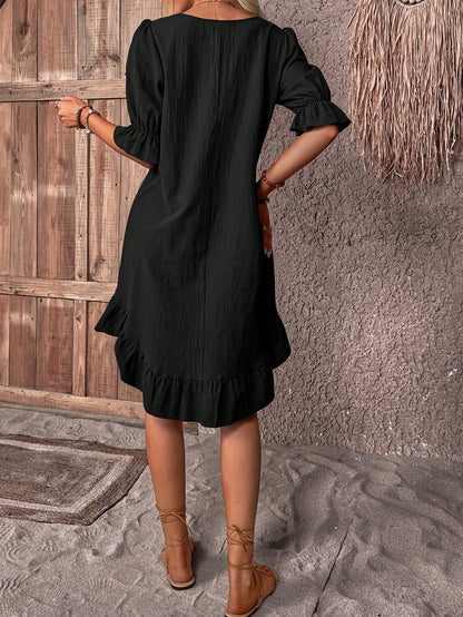 Solid Ruffle Hem Smock Dress