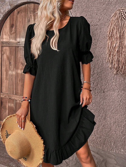 Solid Ruffle Hem Smock Dress